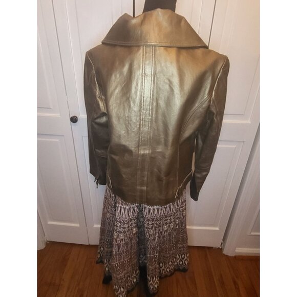 Bronze Metallic Leather Biker Jacket MIXIT L  Zipper Collar Pockets Glam - Picture 2 of 12